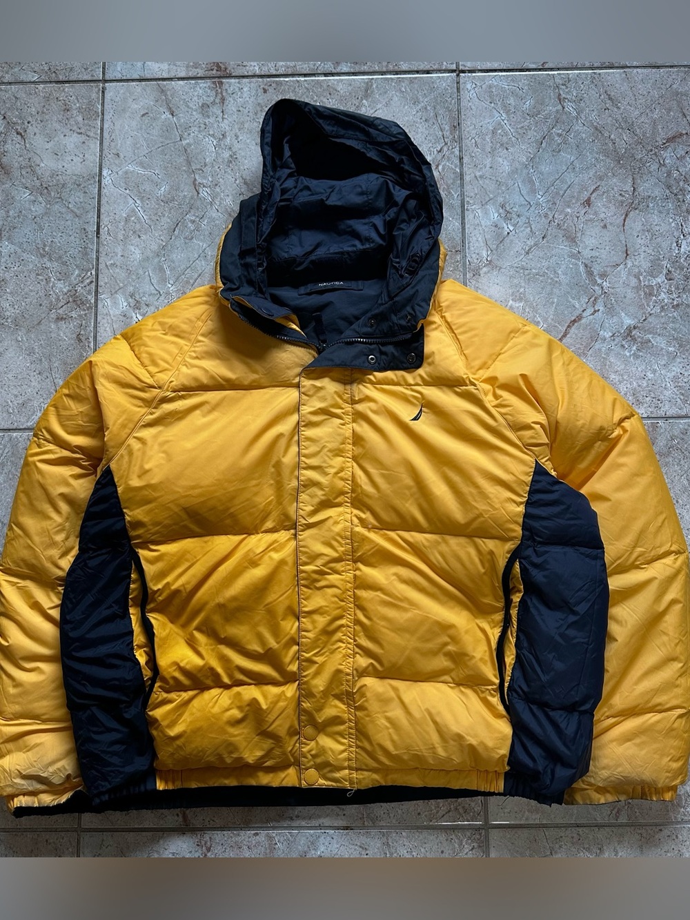 Vintage Nautica interchangeable puffer jacket in navy and yellow